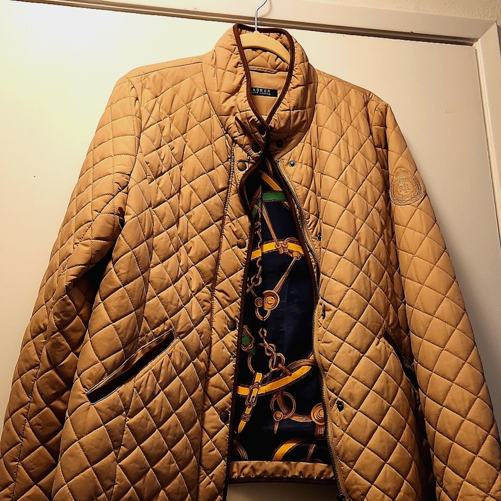 Ralph Lauren woman's large tan with faux sued trim, zipper quilted lined